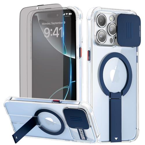 KPV for iPhone 15 Pro Max Case, Compatible with MagSafe, Camera Protection, Invisible Metal Stand, Clear Yellowing Resistant, with 2Pcs 9Htempered Glass Screen Protector(Deepsea Blue)
