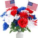Sggvecsy 30 Pcs Patriotic Artificial Flowers Memorial Bouquet Fake Red White and Blue Cemetery Flowers with American Flags for Grave 4th of July Memorial Day Independence Day Veterans Home Decoration