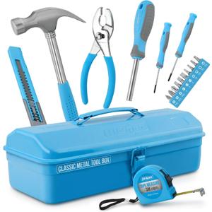 Hi-Spec 17pc Blue Beginner Tool Kit Set & Metal Box. Complete Real Hand Tools for DIY Starters & Kids