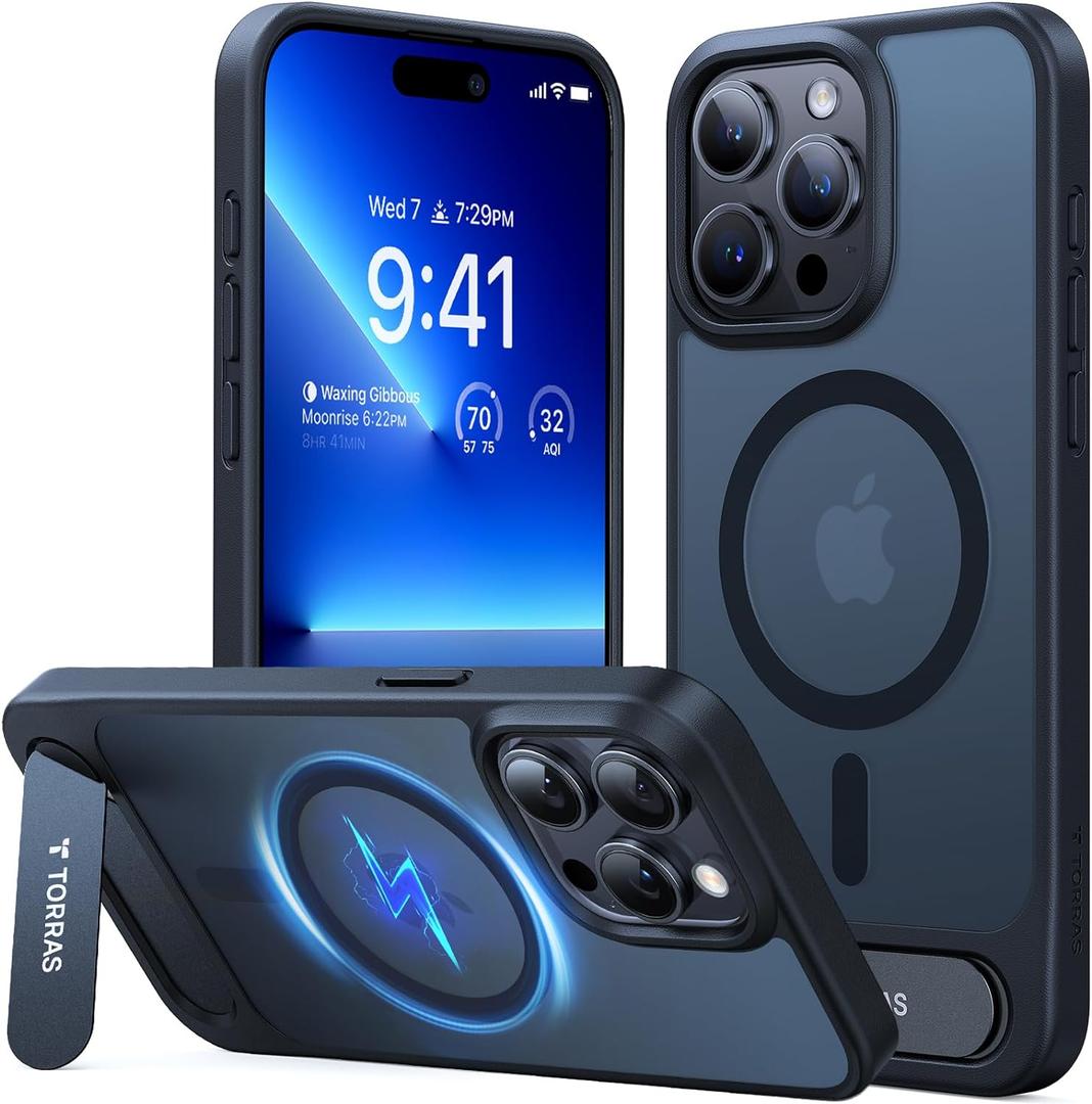 TORRAS Strong Magnetic & Seamless Stand for iPhone 15 Pro Max Case, Fit for MagSafe, Mil-Grade Drop Protection, Adjustable Kickstand Phone Case for iPhone 15 Pro Max, Slim Frosted Matte Black
