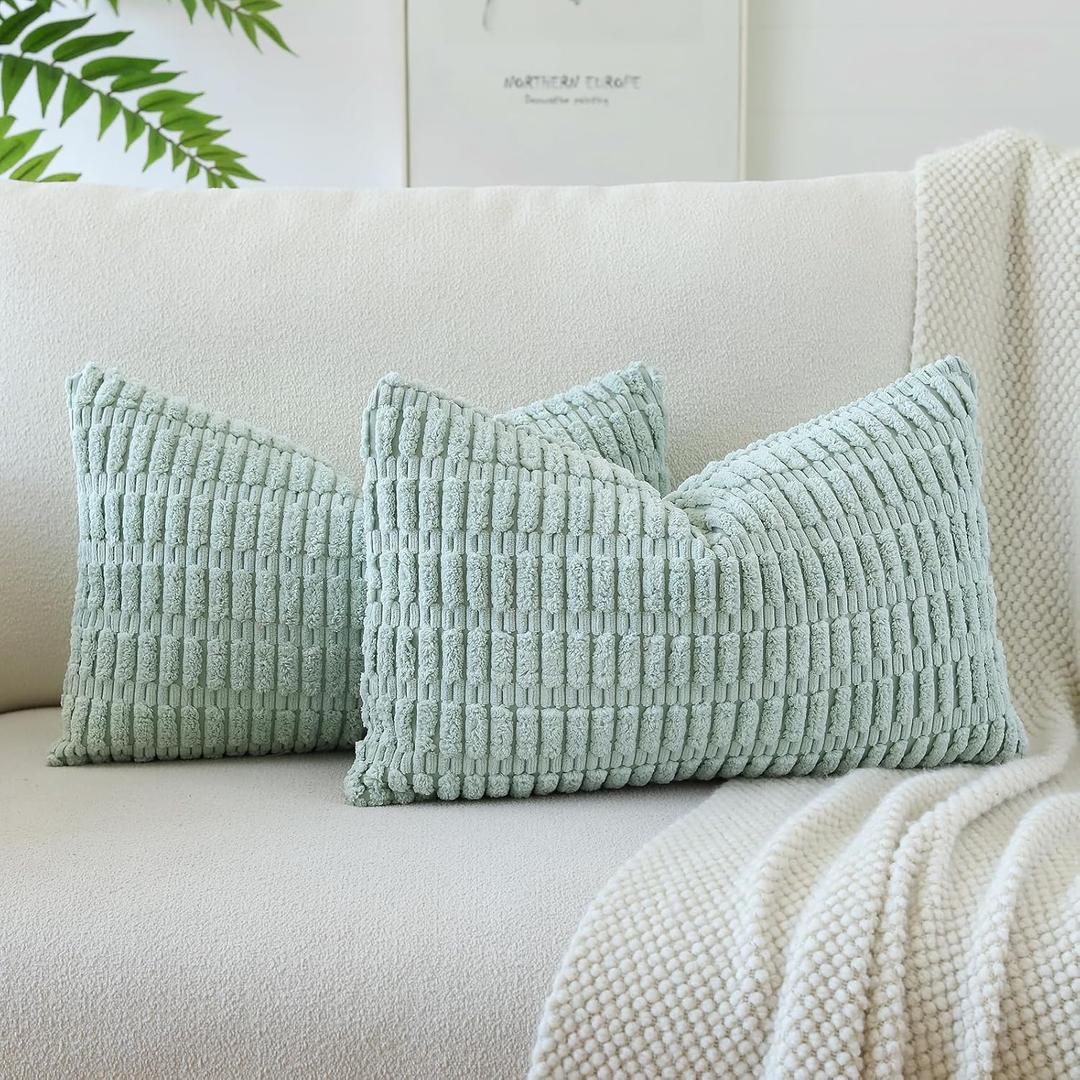 OTOSTAR Pack of 2 Soft Corduroy Decorative Throw Pillow Covers 16 x 24 Inch Boho Striped Pillow Covers Lumbar Cushion Case Couch Pillowcases for Sofa Bed Home Decor (Light Blue Green)