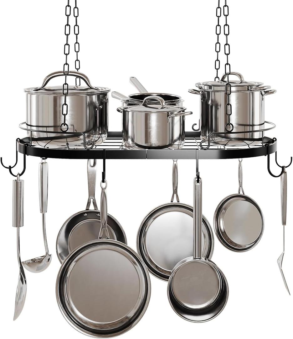 24.4 Metal Pot Rack Hanging, Oval Pan Rack Hanging with Hooks, Heavy Duty Ceiling Pot Rack with Grid, Pot and Pan Hangers for Kitchen Cookware Utensils Toiletries, Easy Assembly, Black