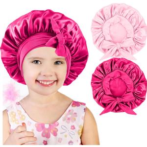 2 PCS Kids Bonnets for Girls, Silk Bonnet for Kids, Satin Bonnet for Sleeping, Baby Toddler Hair Cap with Tie Band (Pink)