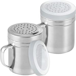 CUSINIUM Metal Salt Pepper Dredge Shakers - With Handle - Seasonings Spice Shakers With Holes and Lids - 10 Ounce, 2pcs | Style: Medium (10 Oz, Silver)