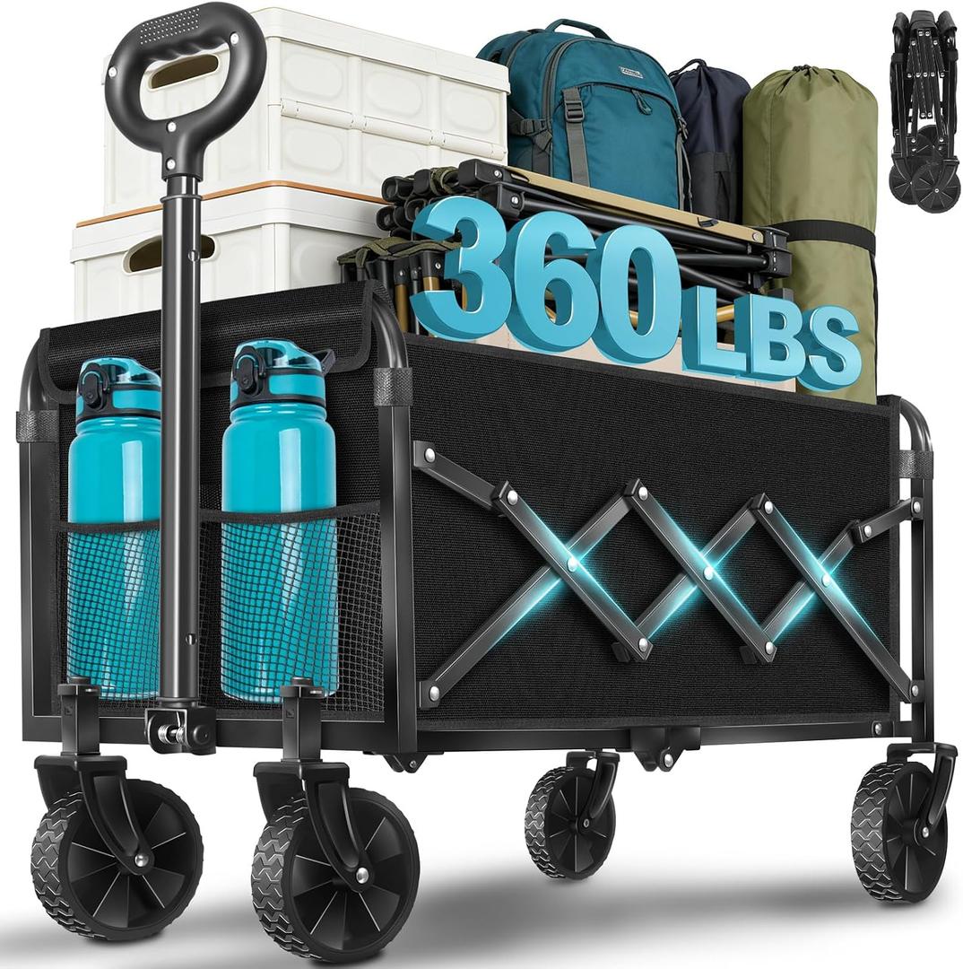 Collapsible Wagon Cart with All-Terrain Wheels - Folding Utility 360LBS Heavy Duty Wagons Carts for Grocery Sports Garden Shopping Camping Fishing (Black, 120L)
