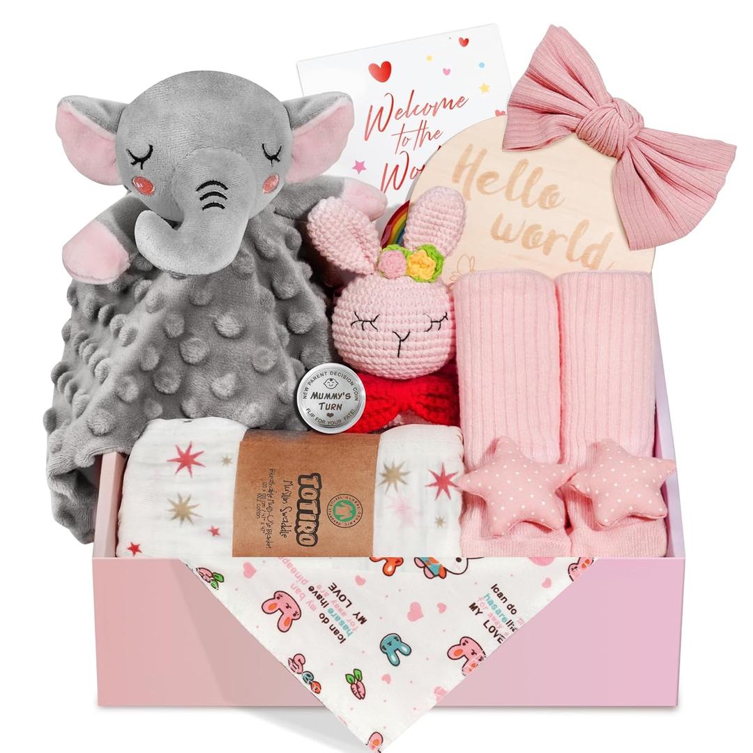 Newborn Baby Girl Gift, 9 Pcs Baby Gifts for Girls Newborn Essentials, New Baby Girl Gift Basket Baby Shower Gender Reveal Gifts, New Mom Gift Swaddle Blanket Bunny Rattle Gift Set (Pink)
