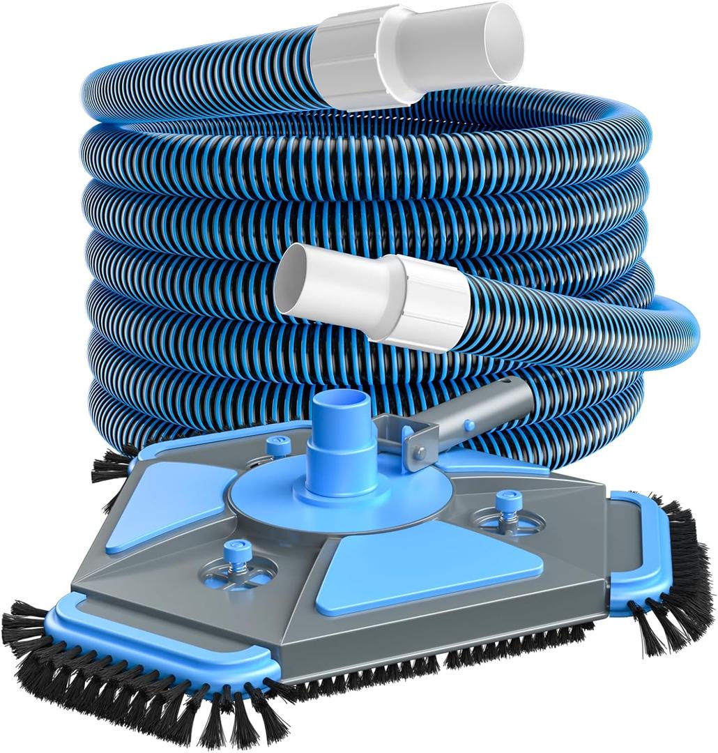 UIRWAY Upgrade Pool Vacuum Head with Side Brush & 360 Swivel Cuff, Heavy Duty Manual Kink-Resistant 1-1/2" x 30 Ft Vacuum Hoses, Weighted Triangular Shape for Inground & Above Ground Pool(No Pole)