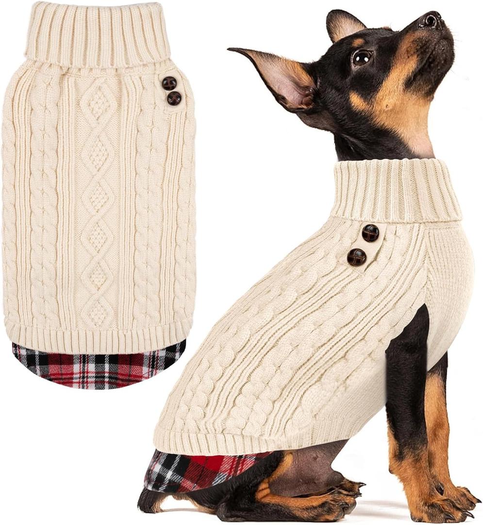 KYEESE Dog Sweater Warm Turtleneck Small Dogs Sweater with Gingham Patchwork Thick Pet Coat for Fall Winter Cold Weather Soft Pullover Dog Sweaters for Small Dogs Girl Stretchy Knitwear Cat Clothes (3# Beige)