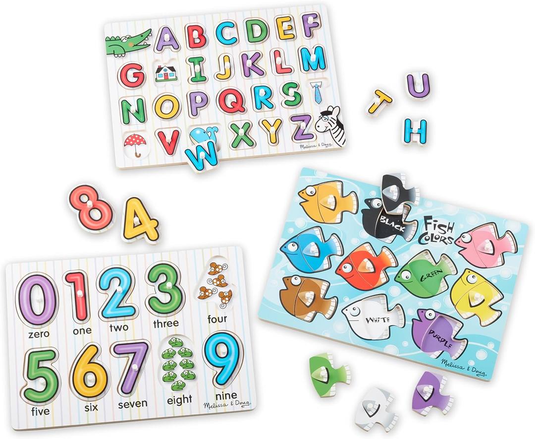 Melissa & Doug Classic Wooden Peg Puzzles (Set of 3) - Numbers, Alphabet, and Colors, Standard
