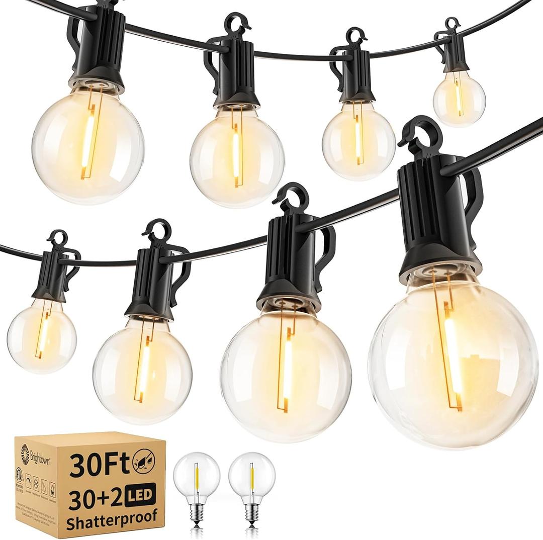 Brightown Outdoor String Lights - Waterproof Globe Patio Lights 30 Ft with 30 G40 Shatterproof LED Bulbs, Connectable Commercial Hanging Light for Backyard, Bistro, Porch, Cafe, Deck, Garden (Black)