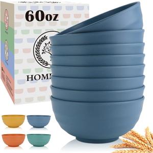 Homienly Deep Noodle Bowls Set of 8: 60oz Large Wheat Straw Bowls for Pho, Ramen & Salad, Lightweight & Unbreakable, Microwave Safe for Camping, Cereal & Soup (Blue)