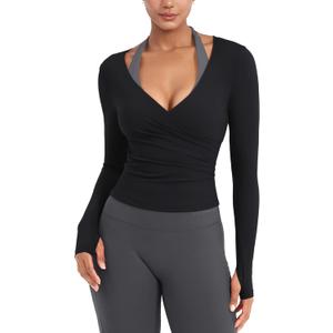 YEOREO Minniy Women Workout Wrap Top Long Sleeve with Thumb Holes V Neck Basic Shirts for Yoga Pilates Going Out Shrug Blouse (Medium, Black)