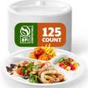 Compostable 3-Compartment Paper Plates, 125 Count, 10 Inch, Heavy Duty Disposable Divided Lunch Trays, Biodegradable Bagasse Sectional Plates for Buffet, Parties, Events & Daily Use, (White)