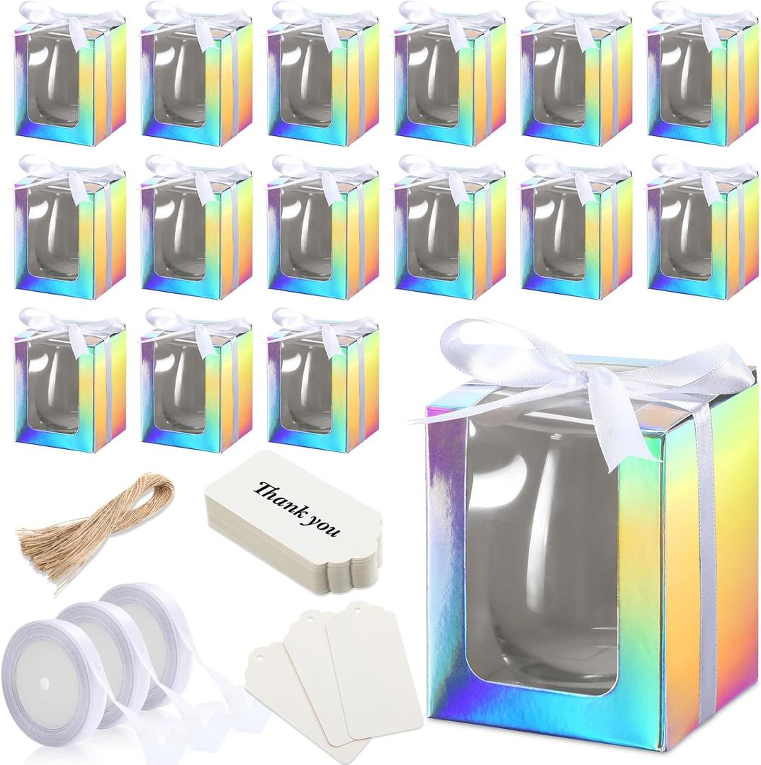 Fulmoon 50 Pack Gift Boxes for Wine Glass Transparent Gift 9 oz Stemless Glass Paper Packaging Box with Ribbon Tag Hemp Rope for Wedding Bridal Shower Baby Shower Birthday(Laser Color)