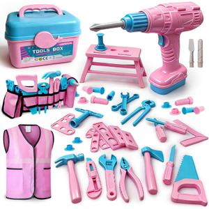 Kids Tool Set 55Pcs Tool Box Toddler Tool Kit for Girls Play Tools Toy with Tool Belt Electronic Toy Drill Safety Vest Pretend Play Construction Toy for Girls Boys Ages 3 4 5 6 7 Years Old (Pink)