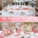 Tudomro 8 Pcs White and Rose Gold Round Plastic Tablecloth and Satin Table Runner Set 84 Inch Round Covers 12 x 108 Inch Table Runners for Wedding Birthday Party Baby Shower Anniversary