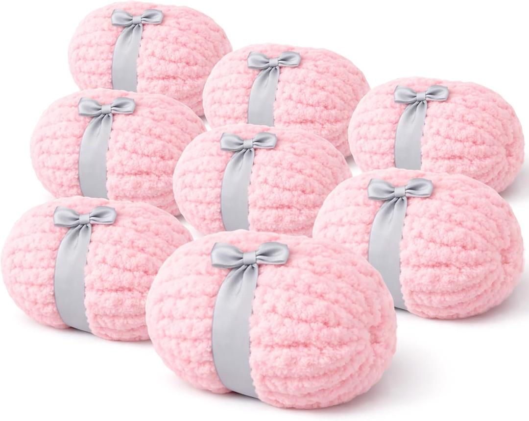 Pink Chunky Chenille Yarn - Super Bulky Thick Yarn for Hand Knitting and Crocheting - Extra Soft Jumbo Yarn for Blankets, Scarves - 8-Pack (9 Oz Each Skein)