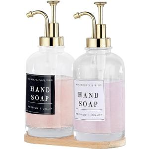 Dish and Hand Soap Dispenser for Kitchen,Glass Soap Dispenser with Pump,Tray,Funnel, Set of 2 Countertop Soap and Lotion Dispenser for Bathroom,Shower,500ml/16.9oz,