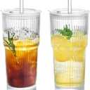 Puraville 2 Pack 20oz Glass Cups with Lids and Straws, Vintage Ribbed Glassware for Whiskey Cocktail Beer, Mason Jar Drinking Glasses Tumbler Iced Coffee Cup