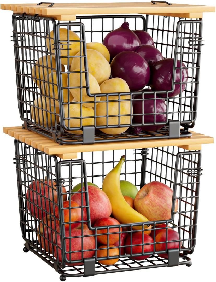 Wire Storage Basket for Kitchen Pantry: GGIU Stackable Kitchen Counter Organizers - Wire Organizing Bin for Produce Vegetable Potato and Onion Black