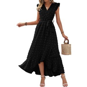 BTFBM Women V Neck Summer Dress 2025 Cap Sleeve Swiss Dot Boho Flowy Ruffle Slit Beach Party Long Maxi Cocktail Dresses , Size L