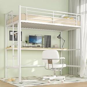 VECELO Metal Loft Bed Twin Size with Desk, Heavy Duty Bedframe with Removable Ladder and Safety Guardrail, Space-Saving, Noise Free, No Box Spring Needed, Off White