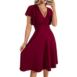 LYANER Women's Warp V Neck Ruffle Short Sleeve A Line Swing Flared Cocktail Party Midi Dress (Medium)