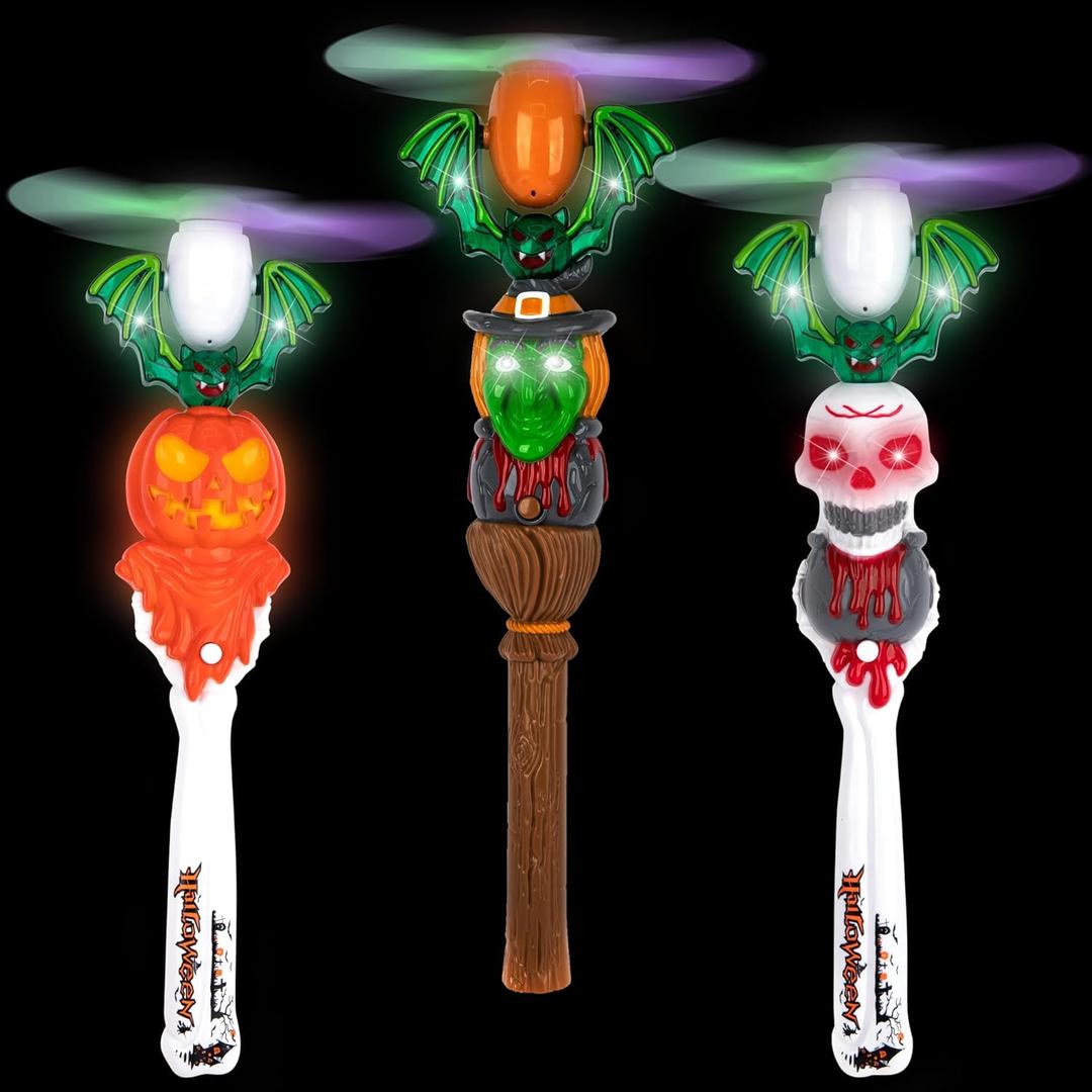 ArtCreativity Halloween Light Up Spinner Wands with Sounds, Set of 3 LED Halloween Wands, Witch, Pumpkin, Light Spinner Halloween Toys for Kids with LEDs and Fun Sounds