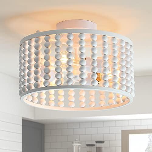 tewei Wood Bead Chandelier, Semi Flush Mount Boho Nursery Ceiling Light Fixture Rustic 3 Lights Chandelier Farmhouse E26 for Kitchen Bedroom Living Dining Room White - Amazon.com