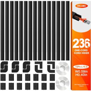 Delamu 236in Cord Hider, One-Wire Cord Covers for Wires on Wall, Easy-to-Install Cable Hiders for Mounted Tv, Cable Management Kit, Cable Raceways, W0.59 H0.4in, Black