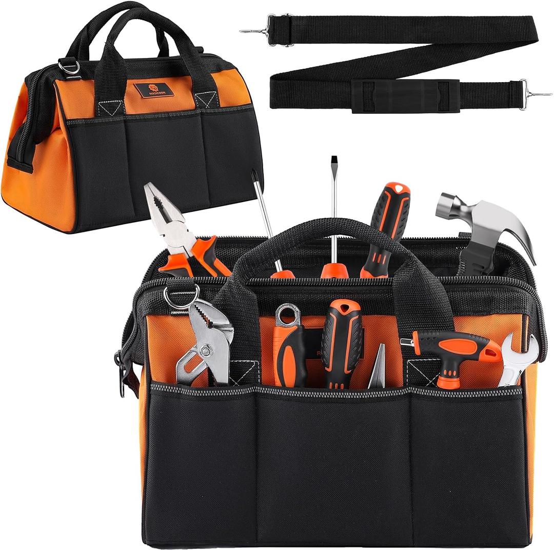 Tool Bag 14'', Thick Outer Pocket Tool Organizer Waterproof, Heavy Duty Tote with Shoulder Strap for Tool Storage, Black & Orange