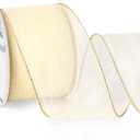 Ribbli Ivory Crinkled Wired Ribbon 2.5 Inch with Metallic Wavy Christmas Ribbon for Cristmas Tree Topper Bow Wreaths Swags Gift Wrapping Wedding Decoration-Countinuous 10 Yard