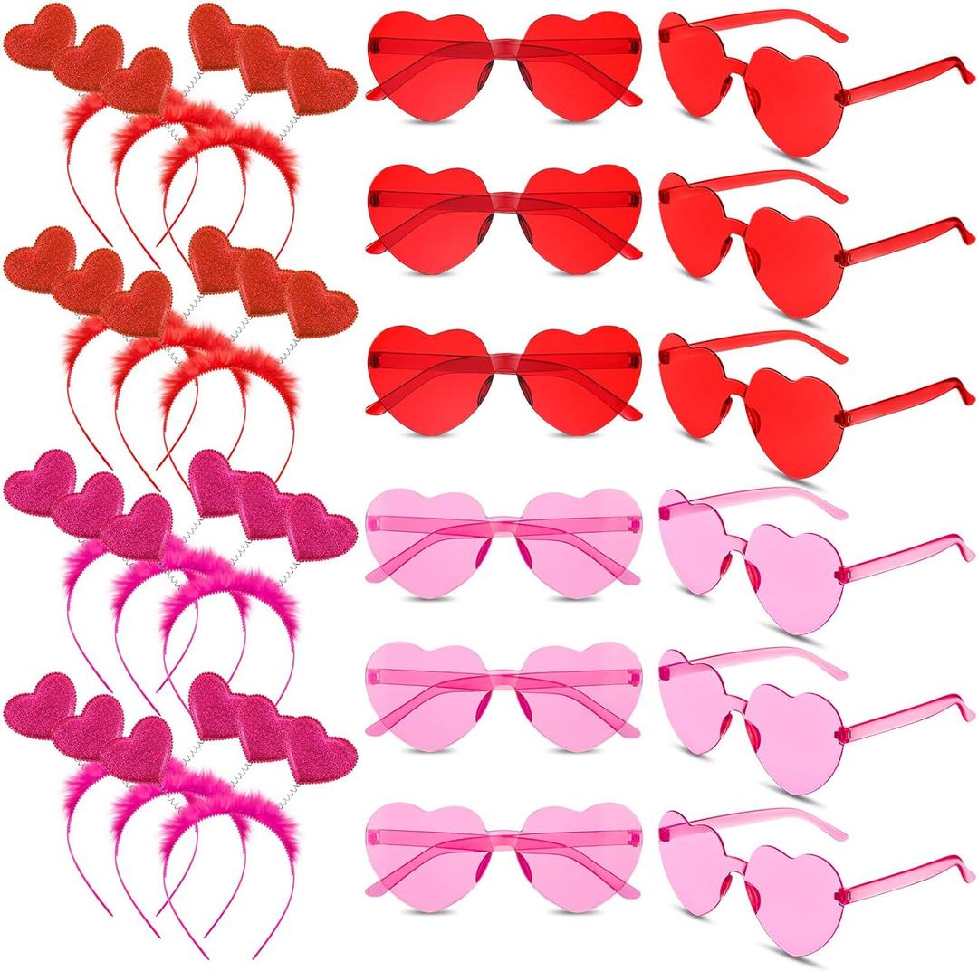 Jutom 24 Pieces Valentines Heart Headbands and Glasses Love Shaped Head Boppers Sunglasses for Adults Galentine's Supplies(Classic Style)