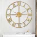 Vintage Retro Roman Numerals Metal Gold Large Wall Clock - 24 Inch Silent Non-Ticking Decorative, Battery Operated for Farmhouse, Kitchen, Bedroom