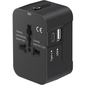 Travel Adapter with USB C, Universal All in One Worldwide Travel Adapter Power Converters Wall Charger AC Power Plug Adapter USB Type C Charging Ports for USA EU UK AUS Black