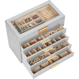 AKOZLIN 5-Tier Jewelry Box with Clear Glass Lid Functional Leather Jewelry Storage Organizer Case 4 Drawers for Women Girls Necklace Ring Bracelet Earring (Sparkling Silver)