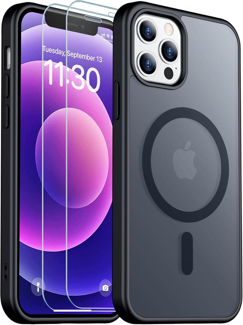 SPIDERCASE for iPhone 12 Case for iPhone 12 Pro Case, Magnetic Translucent Matte Case with 2PCS Tempered Glass Screen Protector Slim Phone Case for iPhone 12/12 Pro 6.1'', Black
