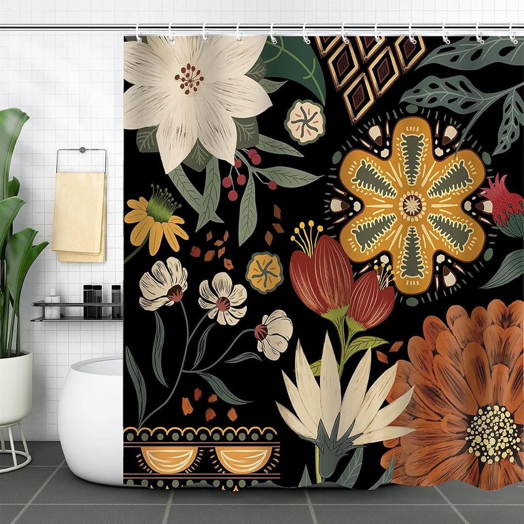 Boho Floral Shower Curtain Mid Century Morden Abstract Bohemian Flower Leaves Black Shower Curtains for Bathroom Waterproof Polyester Fabric Bath Curtain 72 x 72 Inch with 12 Hooks