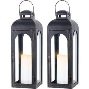 NEEDOMO Set of 2 Lanterns Decorative for Home,22''H Large LuxuryBronze Metal Hurricane Lanterns with Tempered Glass Panels for Porch,Tabletop, Mantle, Wall Hanging, Garden, Indoor & Outdoor Décor