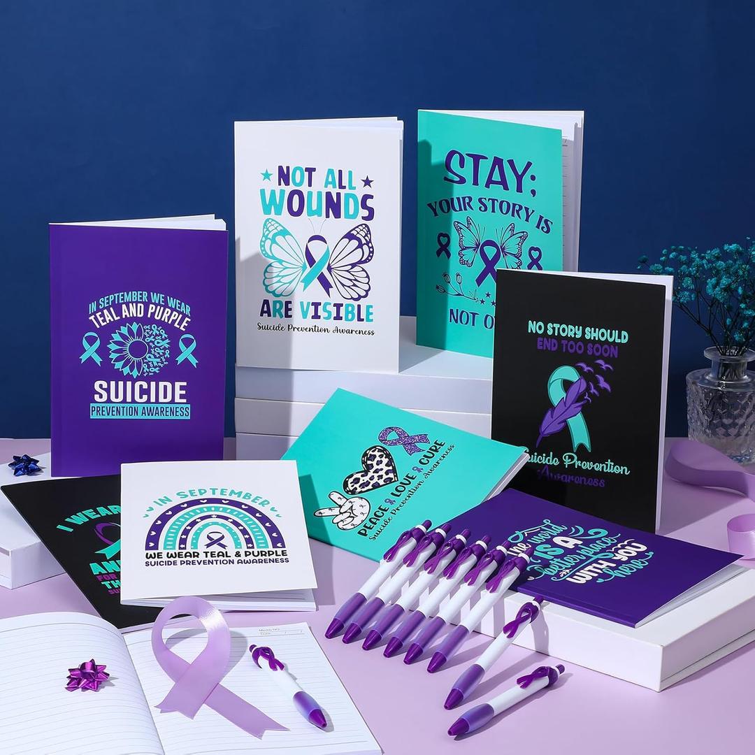 18 Pcs Suicide Prevention Awareness Items Includes 9 Health Awareness Journal Notebooks and 9 Purple Ribbon Pen, Stationery Gifts for Charity Campaign Supplies World Suicide Prevention Day