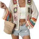 SHENHE Women's Floral Crochet Cardigan Hollow Out Open Front Long Sleeve Cardigan Sweater, Large