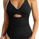 Aleumdr Women's Ribbed One Piece Swimsuit Tummy Control High Cut Bathing Suit Sexy V Neck Criss Cross Monikini (Shell Edge Black, Small)