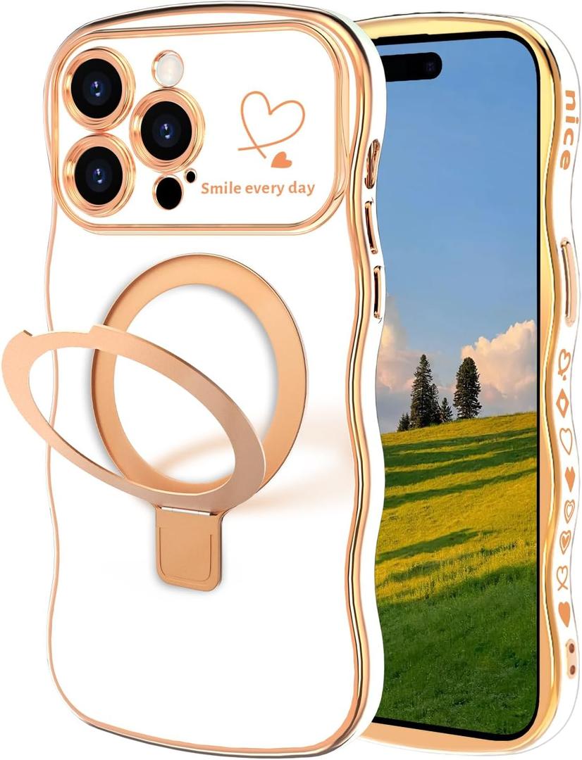 for iPhone 14 Pro Max Magnetic Case with Stand, Luxury Electroplating Shockproof Wave Curly Frame and Heart Pattern, Lens and Screen Edge Raised Protection for iPhone 14 Pro Max-White