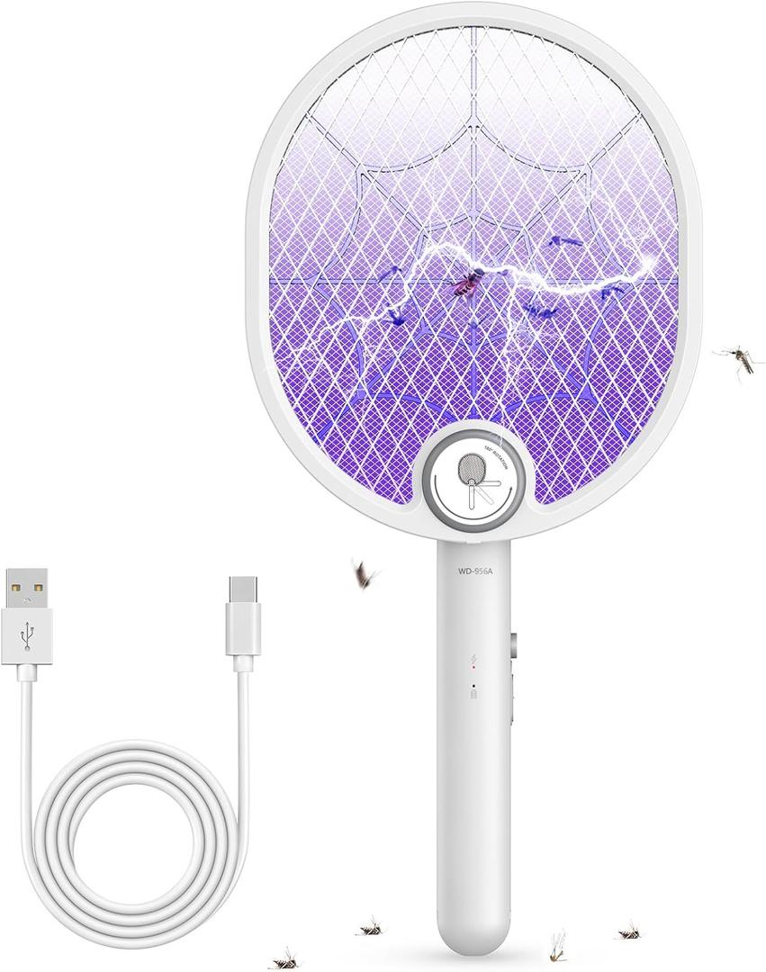 Buzbug Electric Fly Swatter, Type-C Rechargeable Mosquito Swatter, Foldable, Dual Handheld and Auto Zap Mode, 3800V Powerful Instant Bug Zapper Racket, Mosquito Bat for Indoor Outdoor Camping -WD956A (Normal-White)