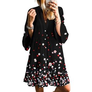 SELINK Womens Long Sleeve Dresses Casual V Neck Tribal Print Button Flowy Boho Mini Beach Dress (Black, L)