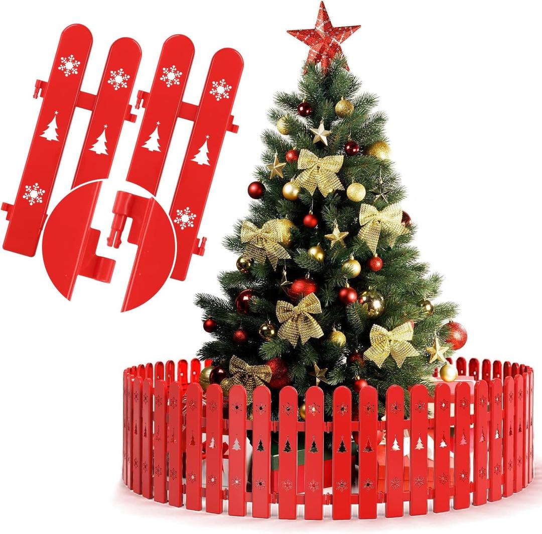 Christmas Tree Fence Barrier for Toddlers & Pets - 24Pcs Freely Assembled Decorative Picket Fence, Small Pets Kids Proof Xmas Tree Protector Gate, Indoor Holiday Party Decoration Fence - Red