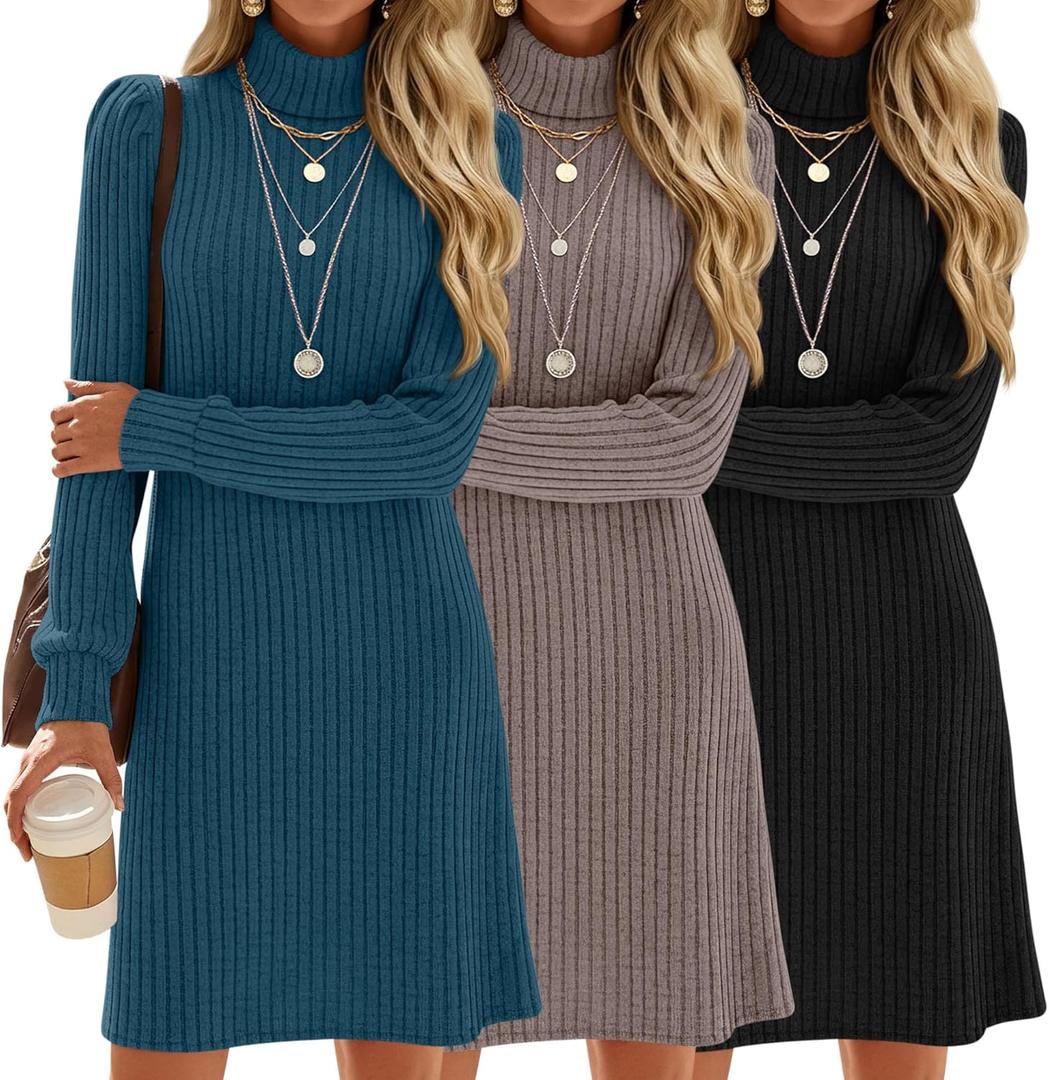 3 Pack Women's Sweater Dress Turtleneck Long Sleeve Ribbed Knit Tunic Mini Bodycon 2026 Fall Casual Trendy Outfits (Medium, Black, Coffee, Peacock Blue)