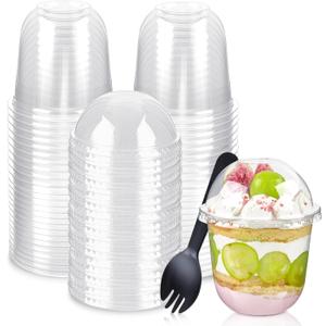 TOFLEN 50 Pack 12 oz Plastic Dessert Cups with Dome Lids (No Hole) and Sporks, Clear Disposable Yogurt Parfait Cups with Lids, Individual Party Serving Snack Cups for Pudding Dessert Fruit Cake