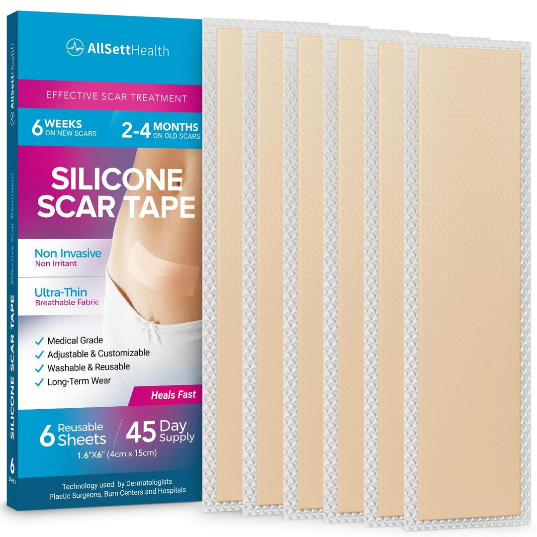2 x AllSett Health Silicone Sheets for Scars, Post Surgery, Tummy Tuck, C-Section Recovery, Keloid Bump Removal, Stretch Marks Removal (6 Inch x 1.6 Inch), Pack of 6