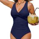 Holipick Women Tummy Control One Piece Swimsuit - Push Up Bathing Suit Full Coverage Slimming Swimwear (Large, Navy Blue)